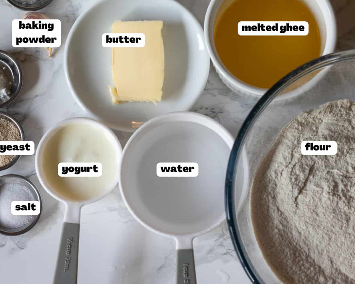 Labelled picture of ingredients for keema naan dough