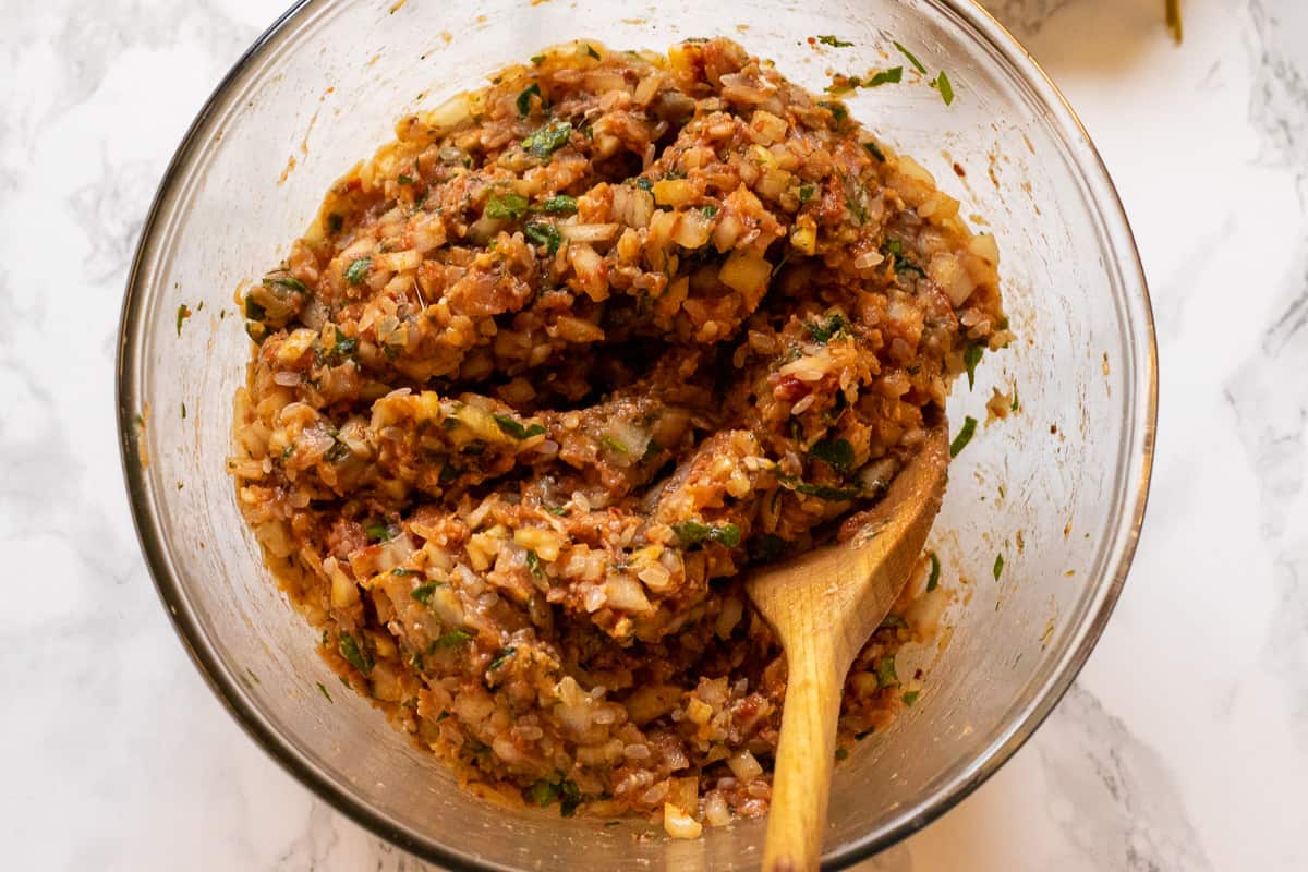 all the ingredient are mixed to form the dolma filling