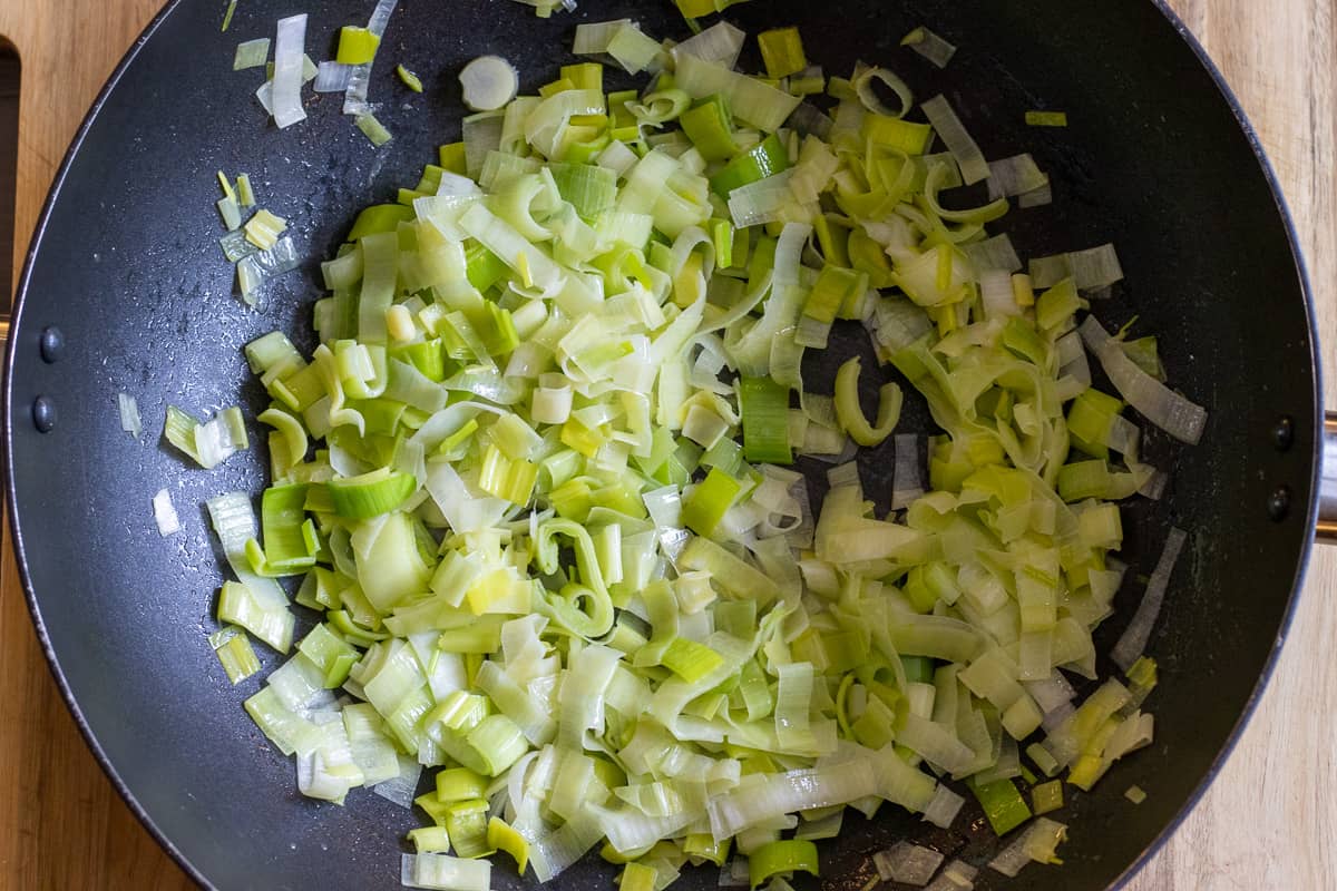 Sautéing the leeks with butter