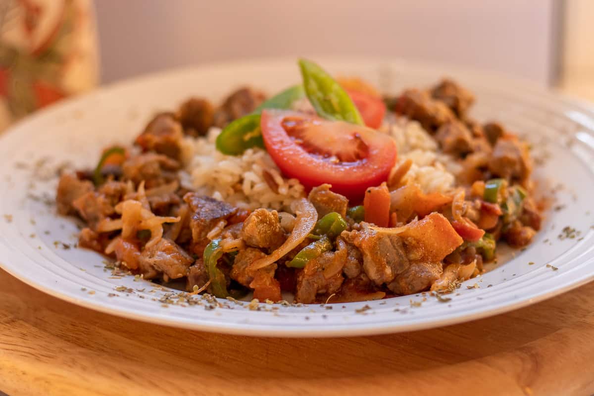 Sac Kavurma tava served with Turkish rice