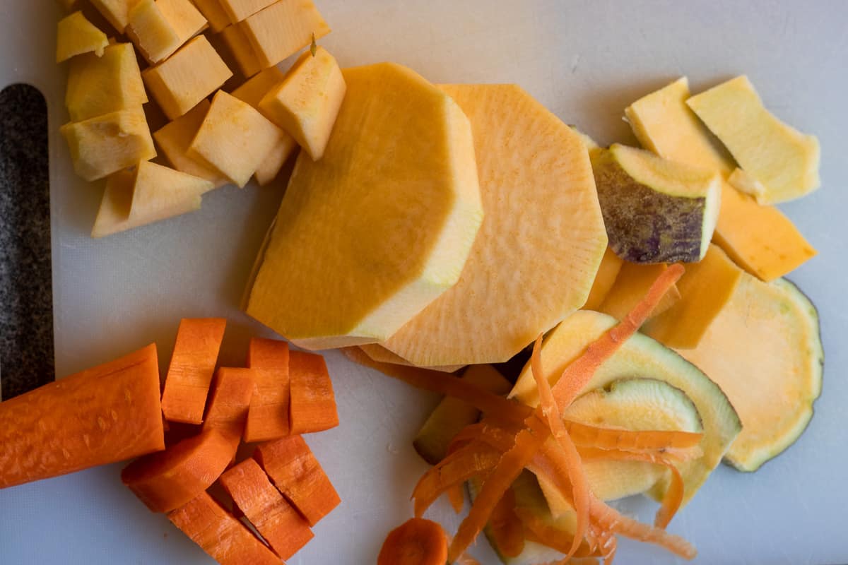 carrots and swede are peeled and cut in chunks