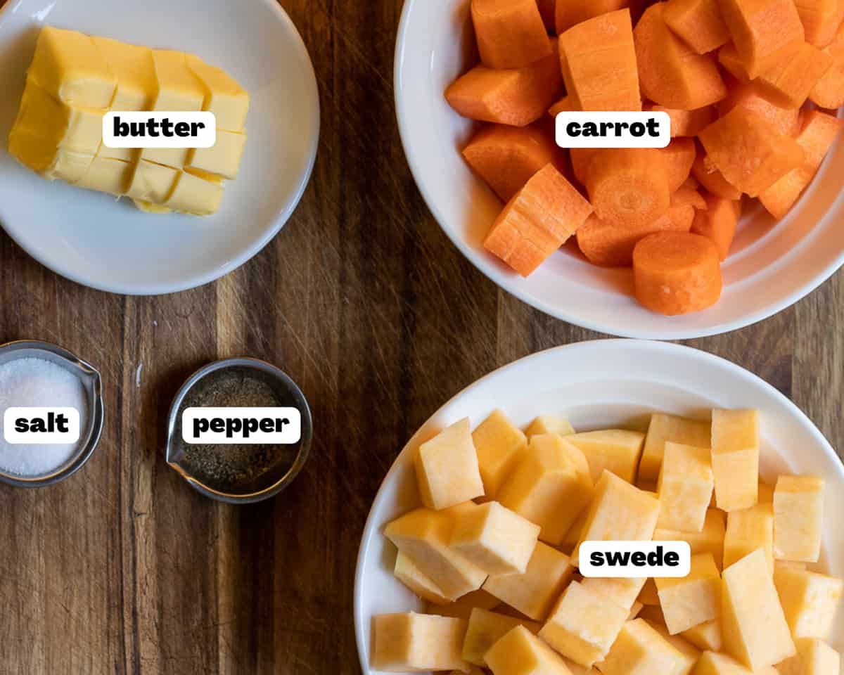labelled picture of ingredients for swede and carrot mash