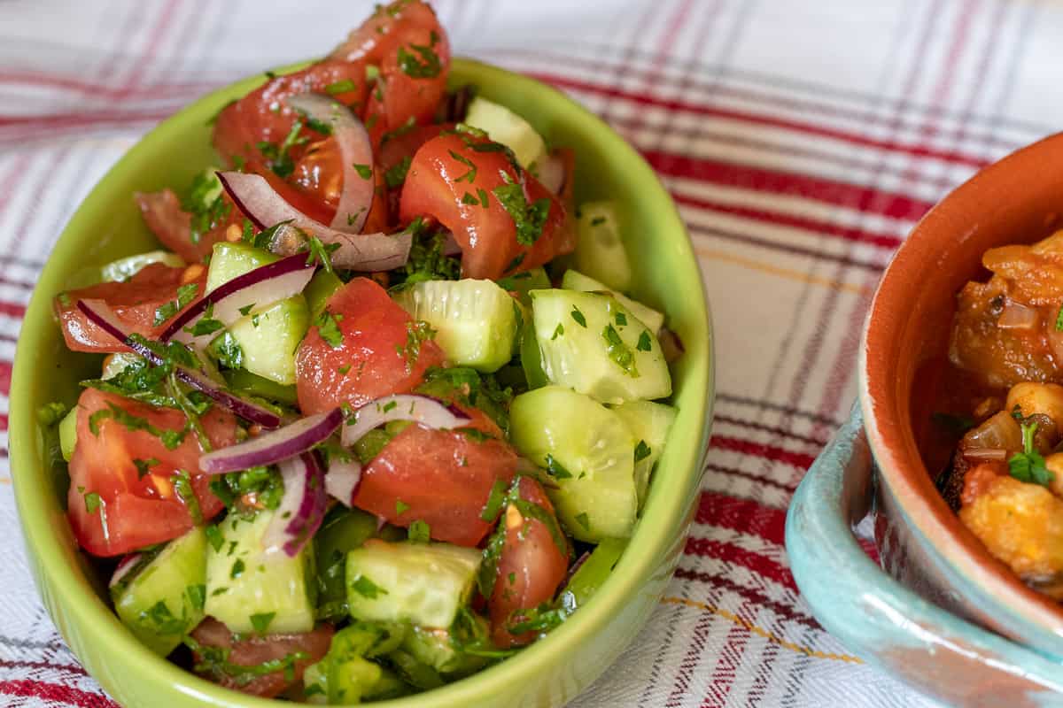 turkish shepherd salad (Coban Salatasi) served in a bowl as a side dish
