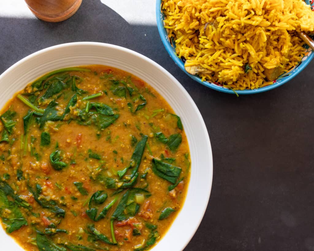 dal palak served with mushroom rice