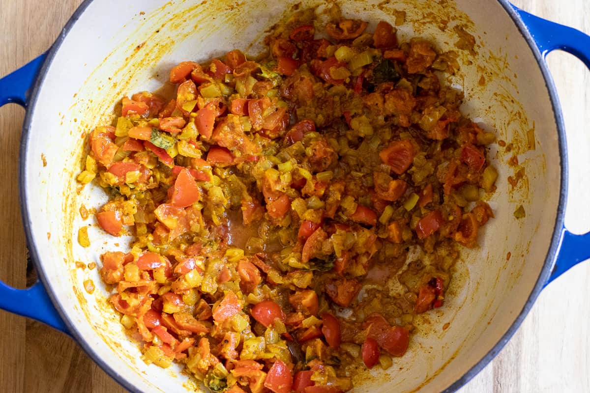 the coconut milk is added to the pan