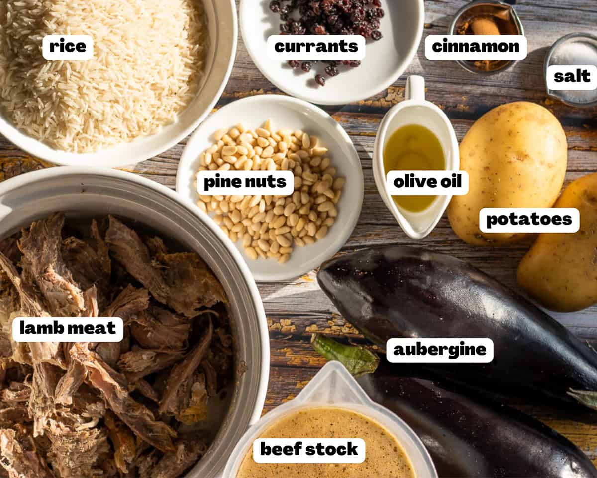 Labelled picture of ingredients for Maqluba