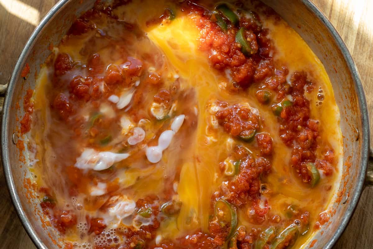 eggs are lightly beaten before adding to menemen