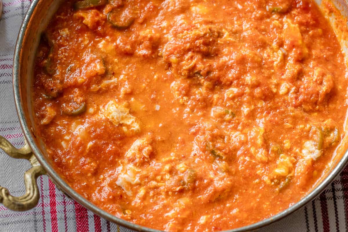 menemen cooked in a copper pan 
