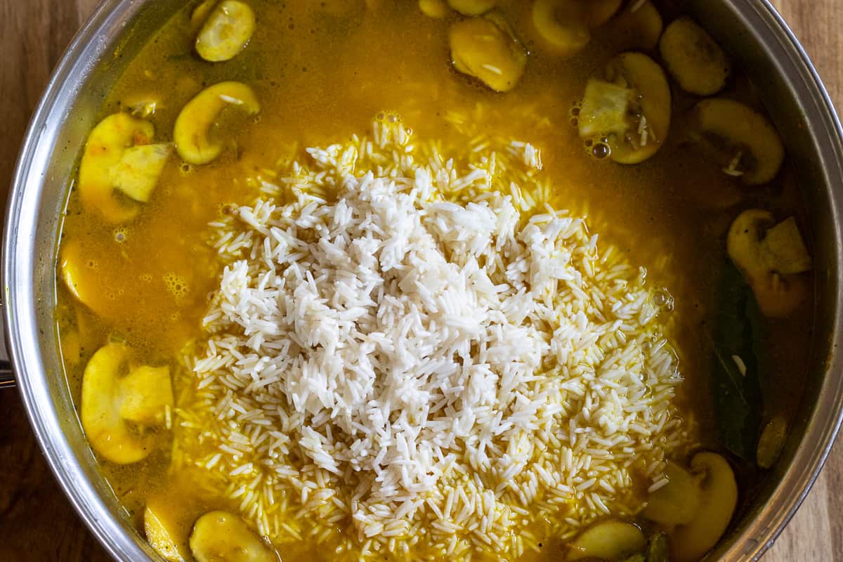 rice is added to the pan