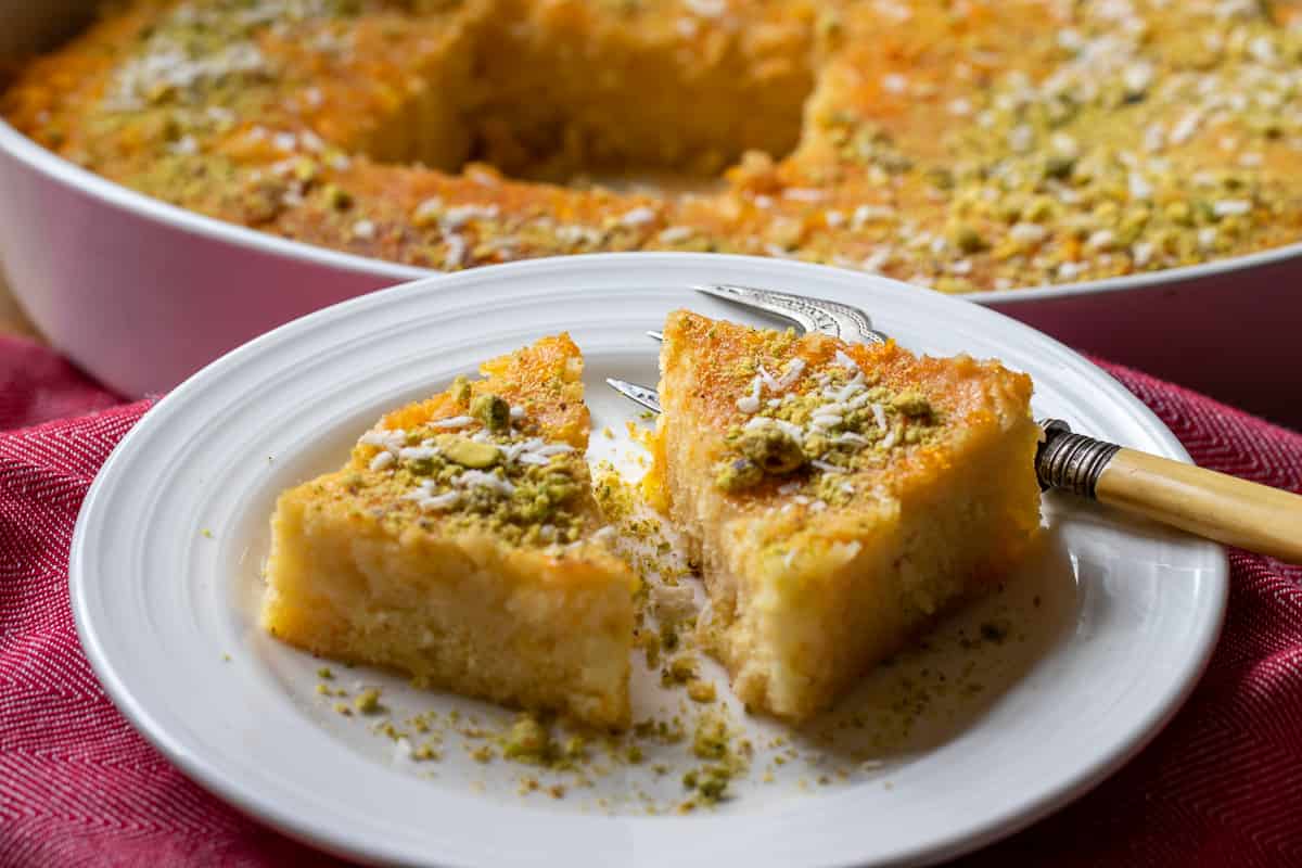 2 triangles of revani cake served on a plate