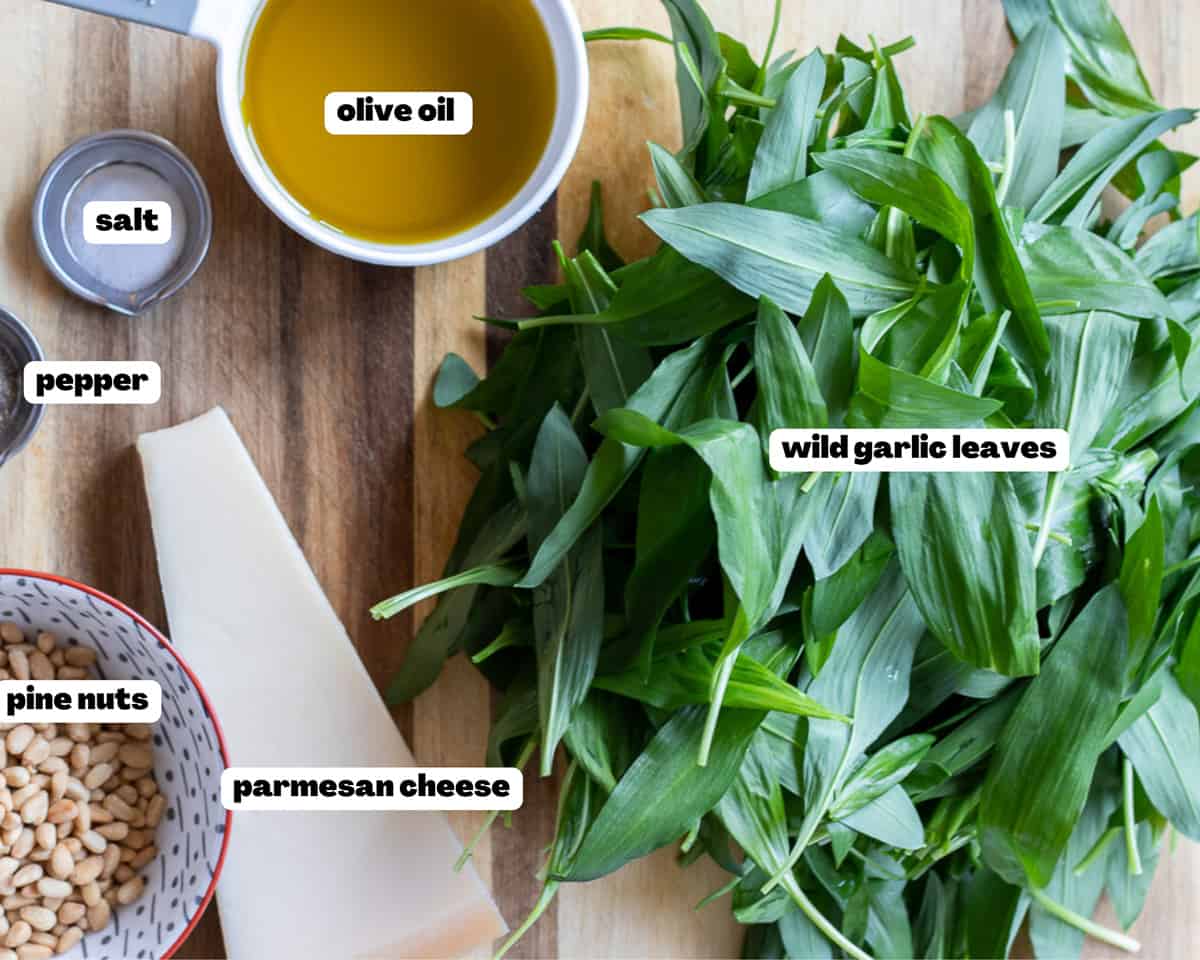 Labelled picture of ingredients for wild garlic pesto