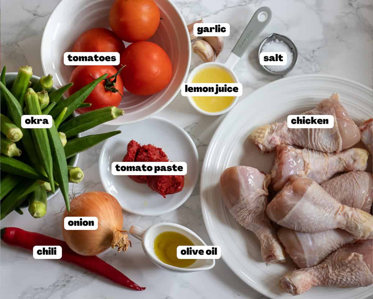 Labelled picture of ingredients for bamya