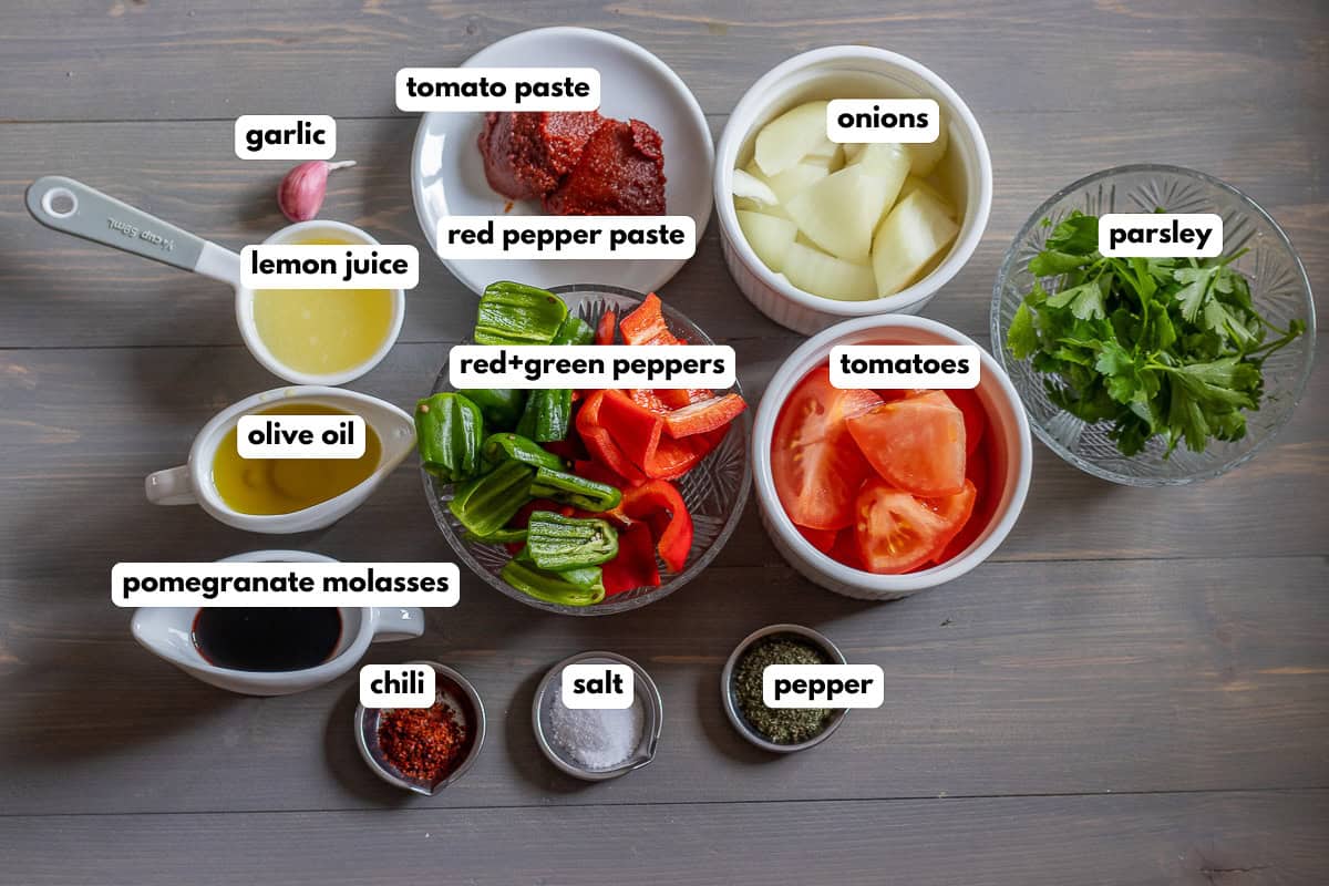 labelled picture of ingredients for Ezme salad recipe