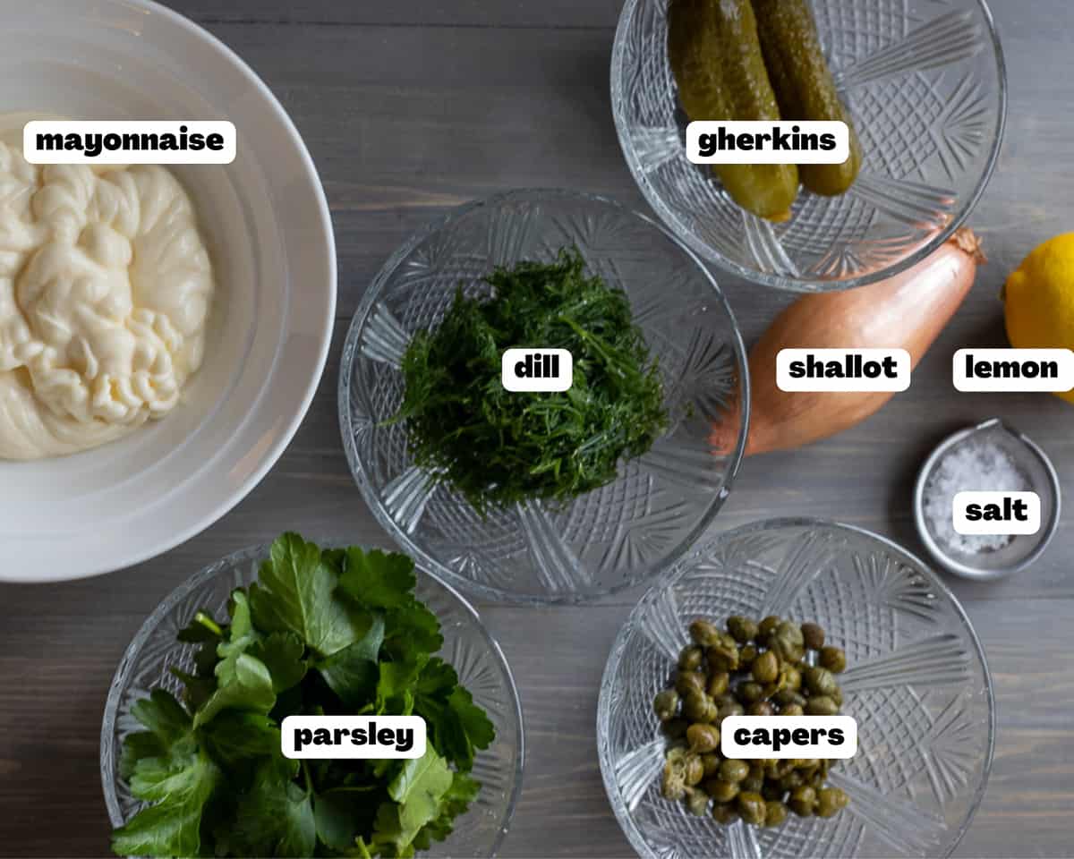 Labelled picture of ingredients for tartar sauce with capers
