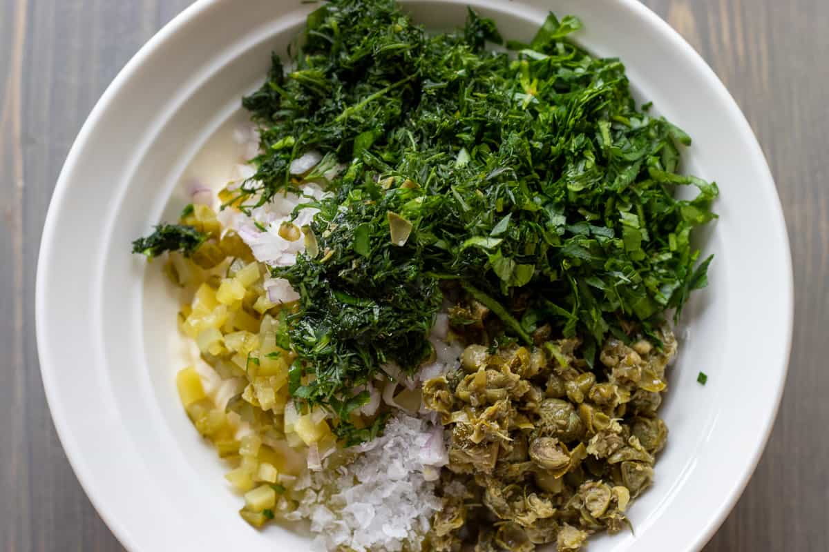 all the ingredients are placed into a bowl