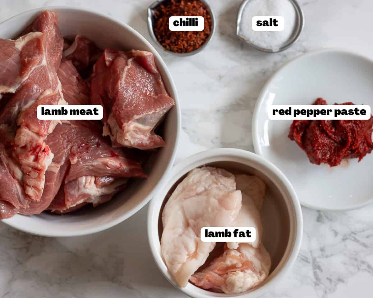 Labelled picture of ingredients for Adana Kebab