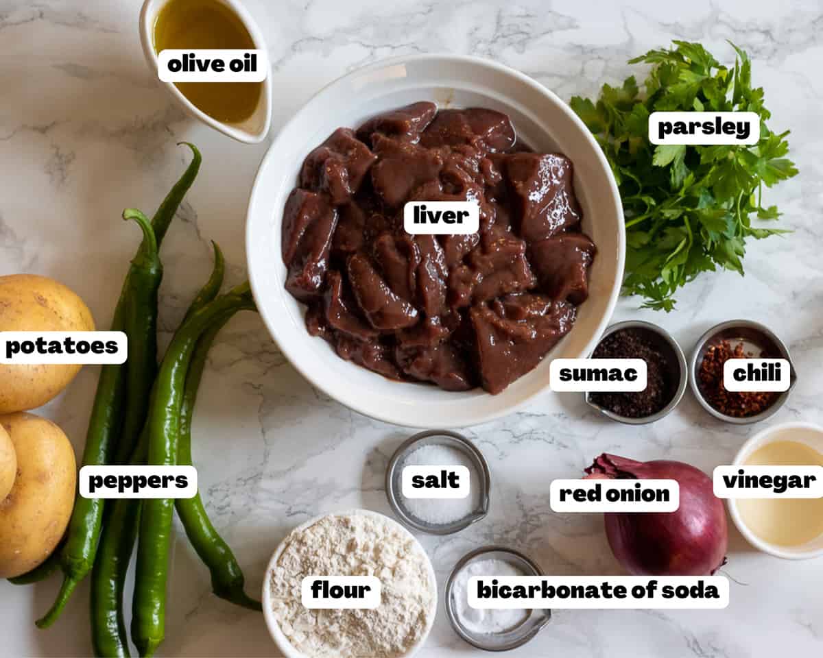 Labelled picture of ingredients for arnavut cigeri