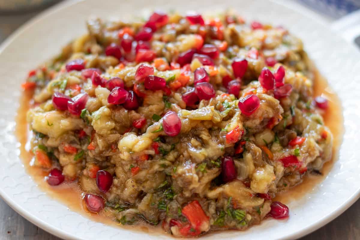 Baba ganoush no tahini garnished with Pomegranate seeds