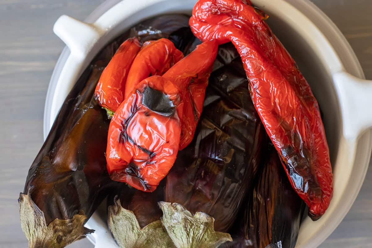 The peppers and aubergines are chargrilled on BBQ