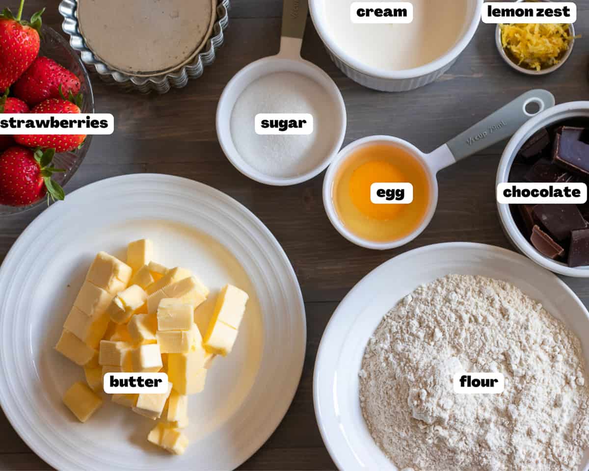 Labelled picture of ingredients for chocolate Strawberry tartlets