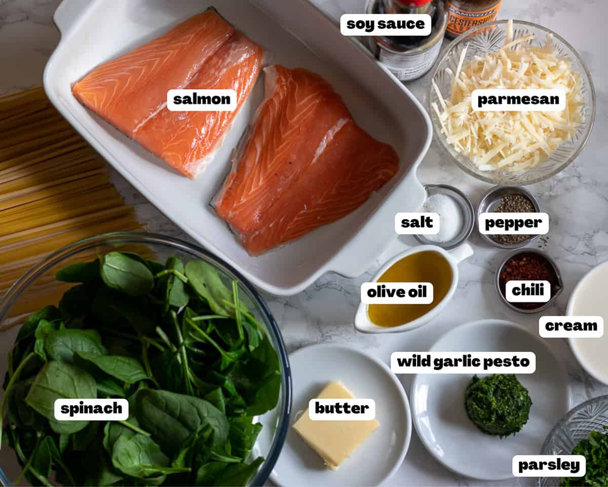 Labelled picture of ingredients for salmon and spinach pasta