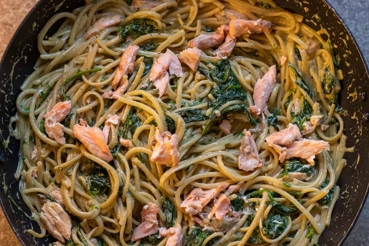 salmon and parmesan are added to the pasta last minute