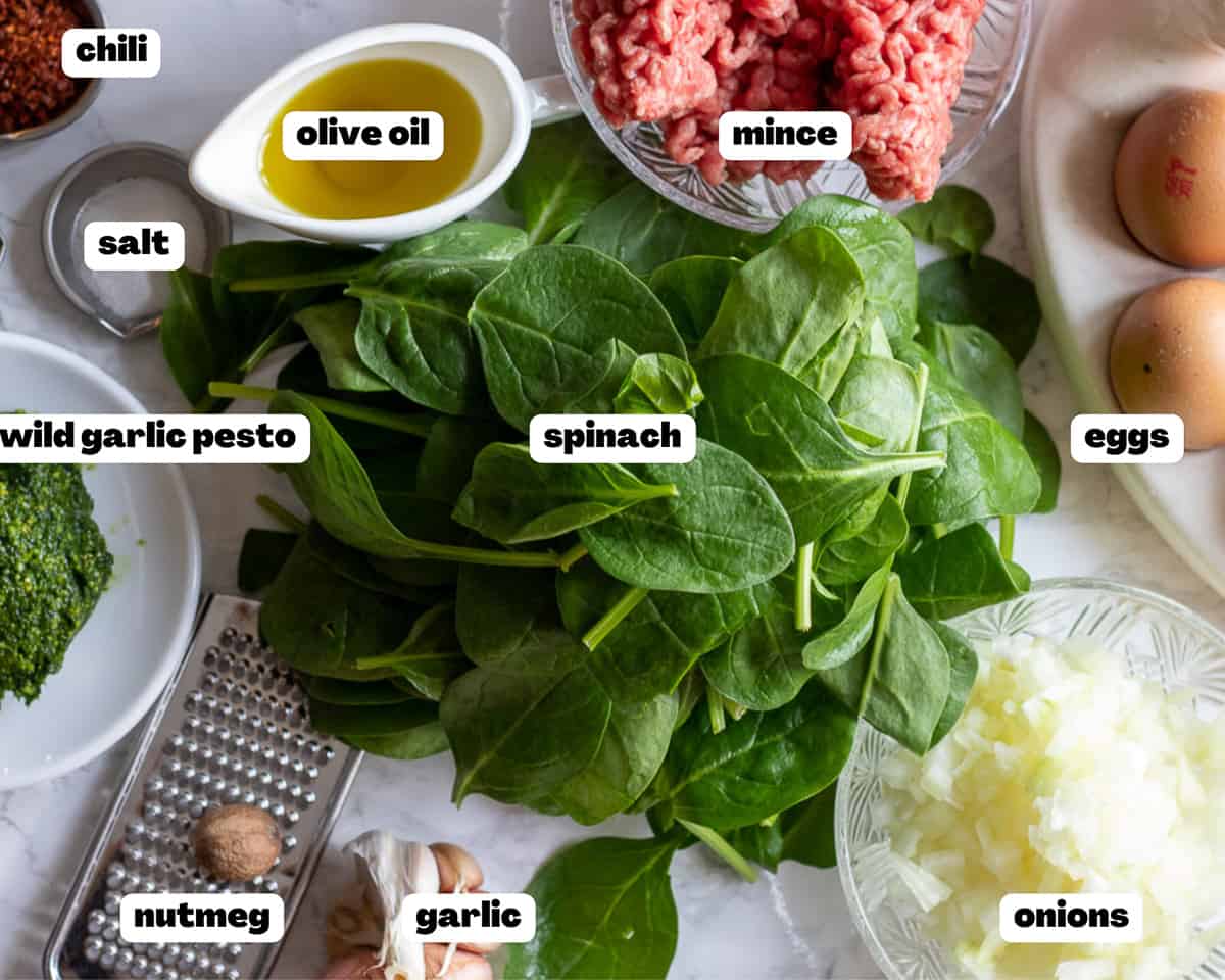 Labelled picture of ingredients for spinach with eggs