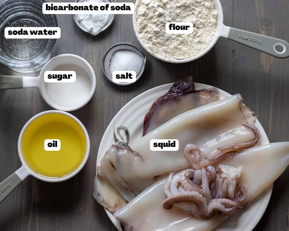 Labelled picture of ingredients for Calamari Fritti