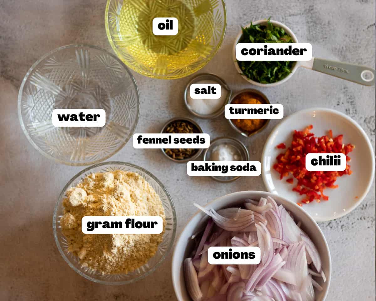 labeled picture of ingredients for onion bhaji - pakora