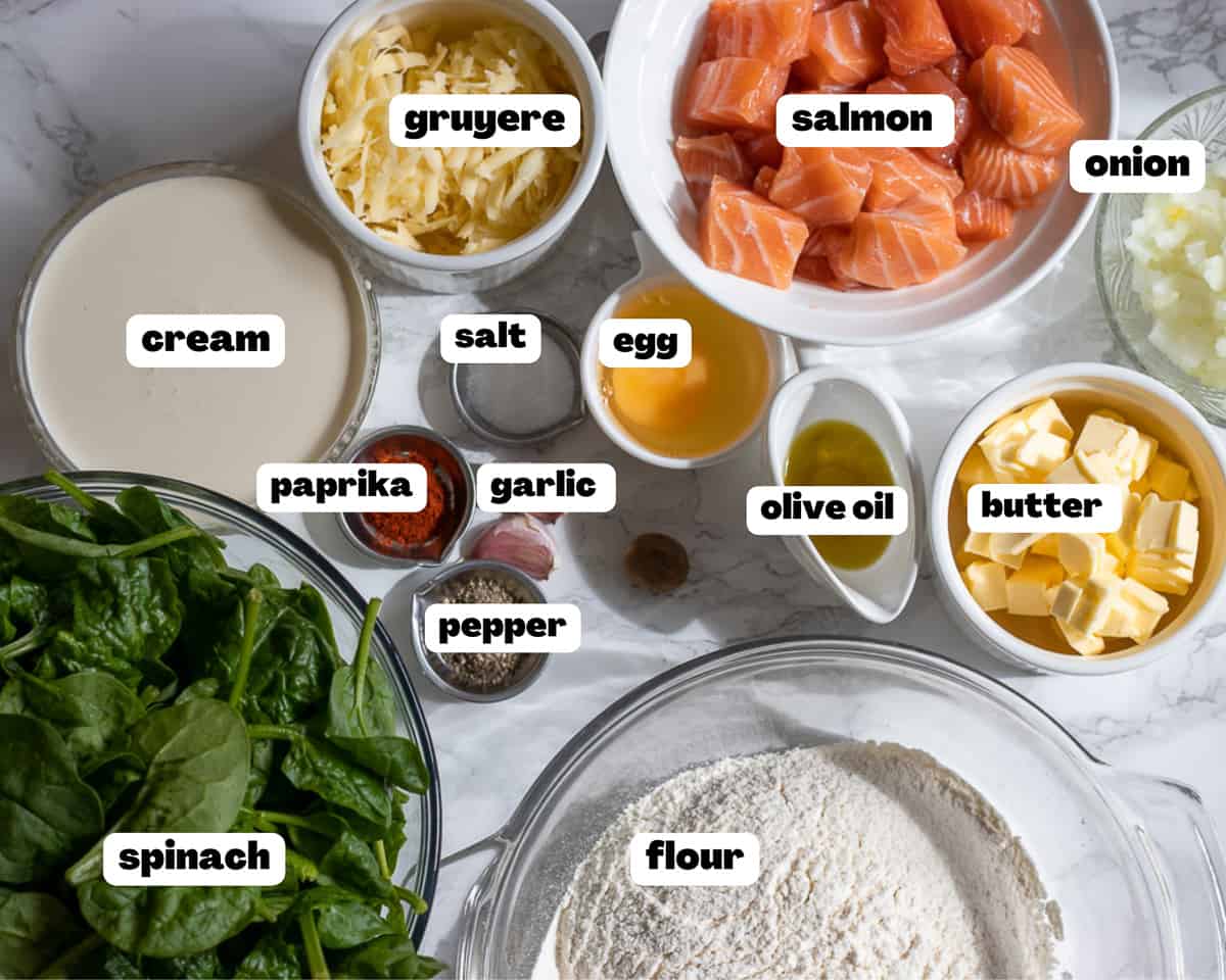 Labelled picture of ingredients for salmon and spinach quiche
