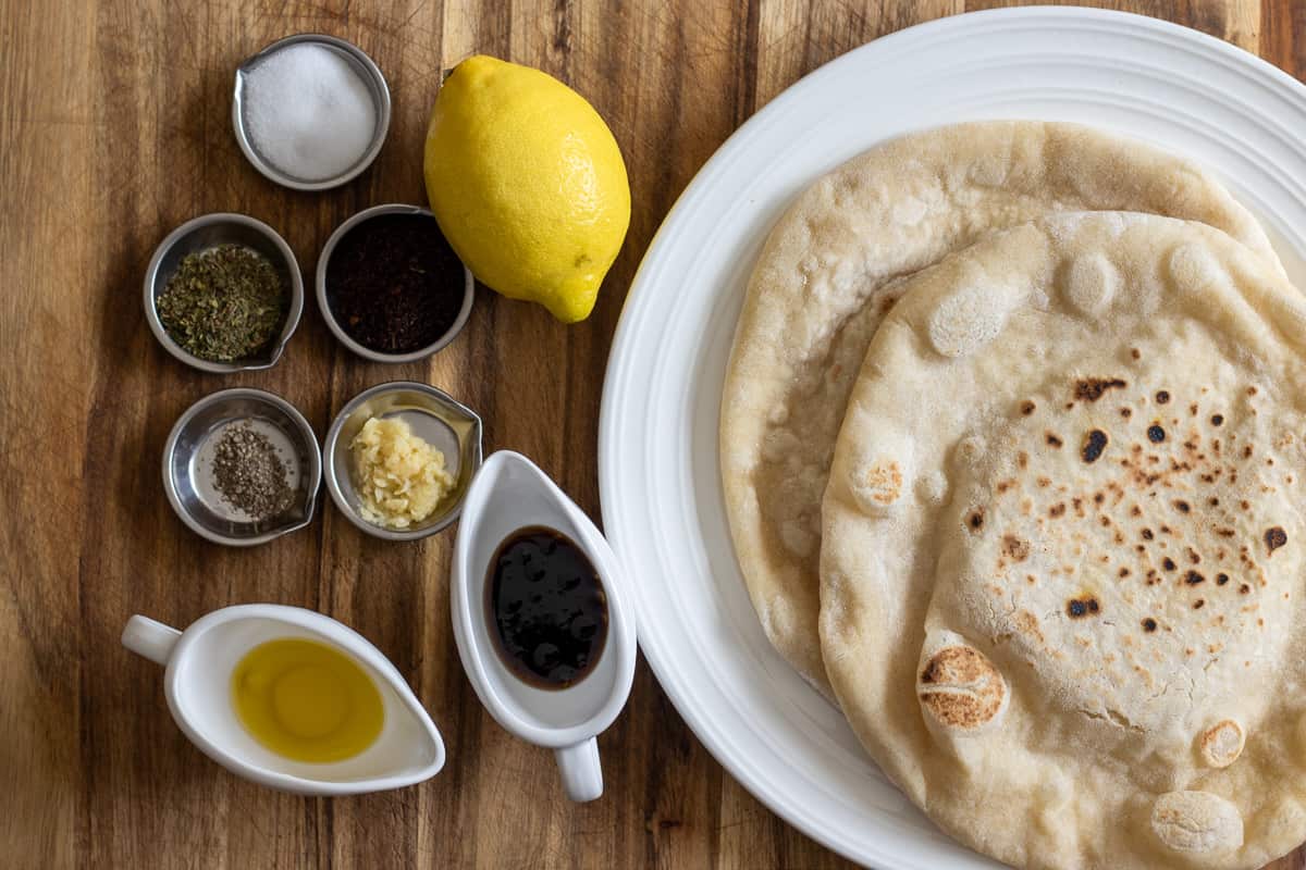 Ingredients needed to make the fattoush salad dressing