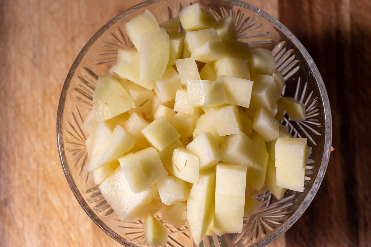 peeled and diced potatoes in a bowl
