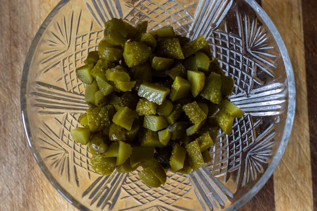 diced cornichons in a bowl