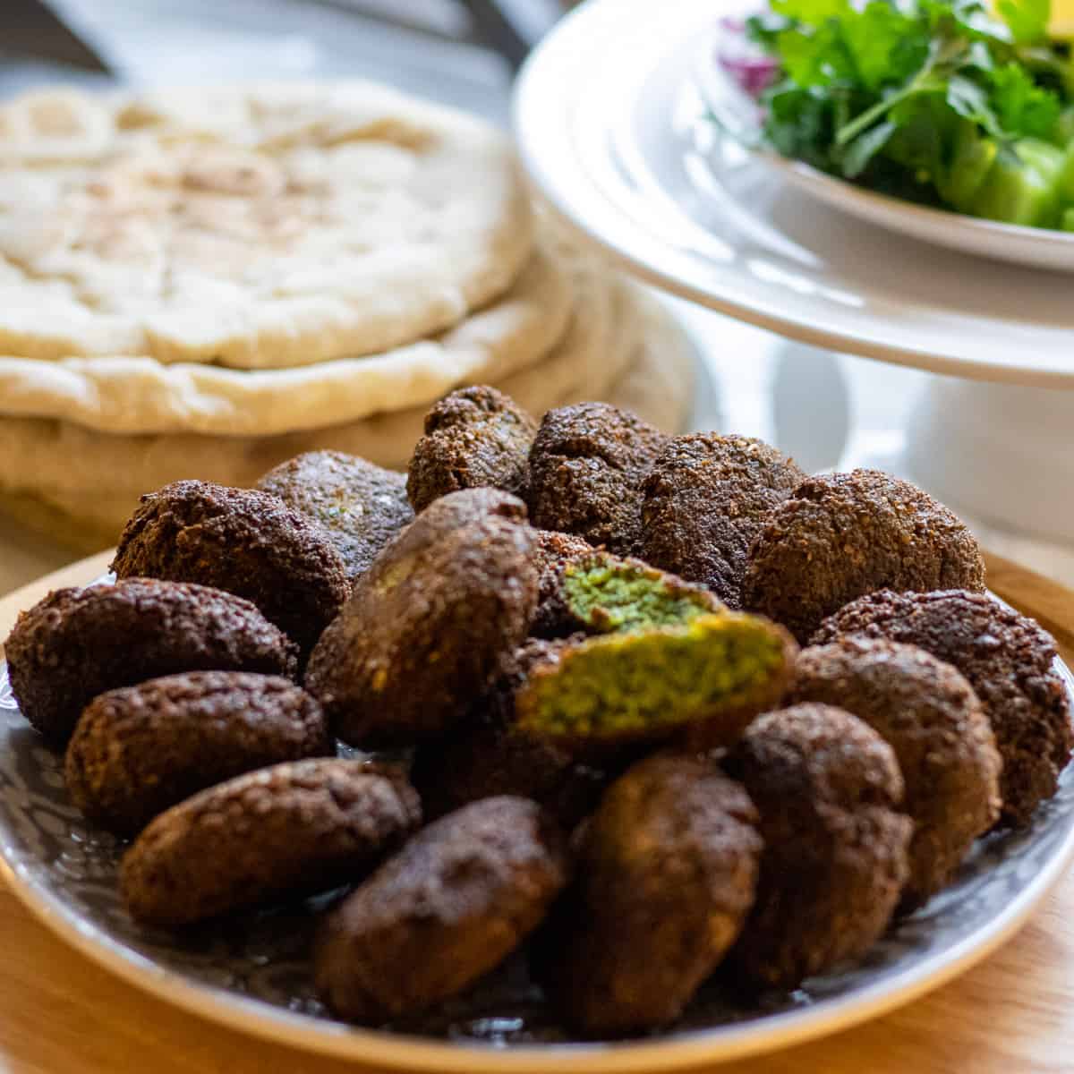 Lebanese falafel served with pita bread and salad