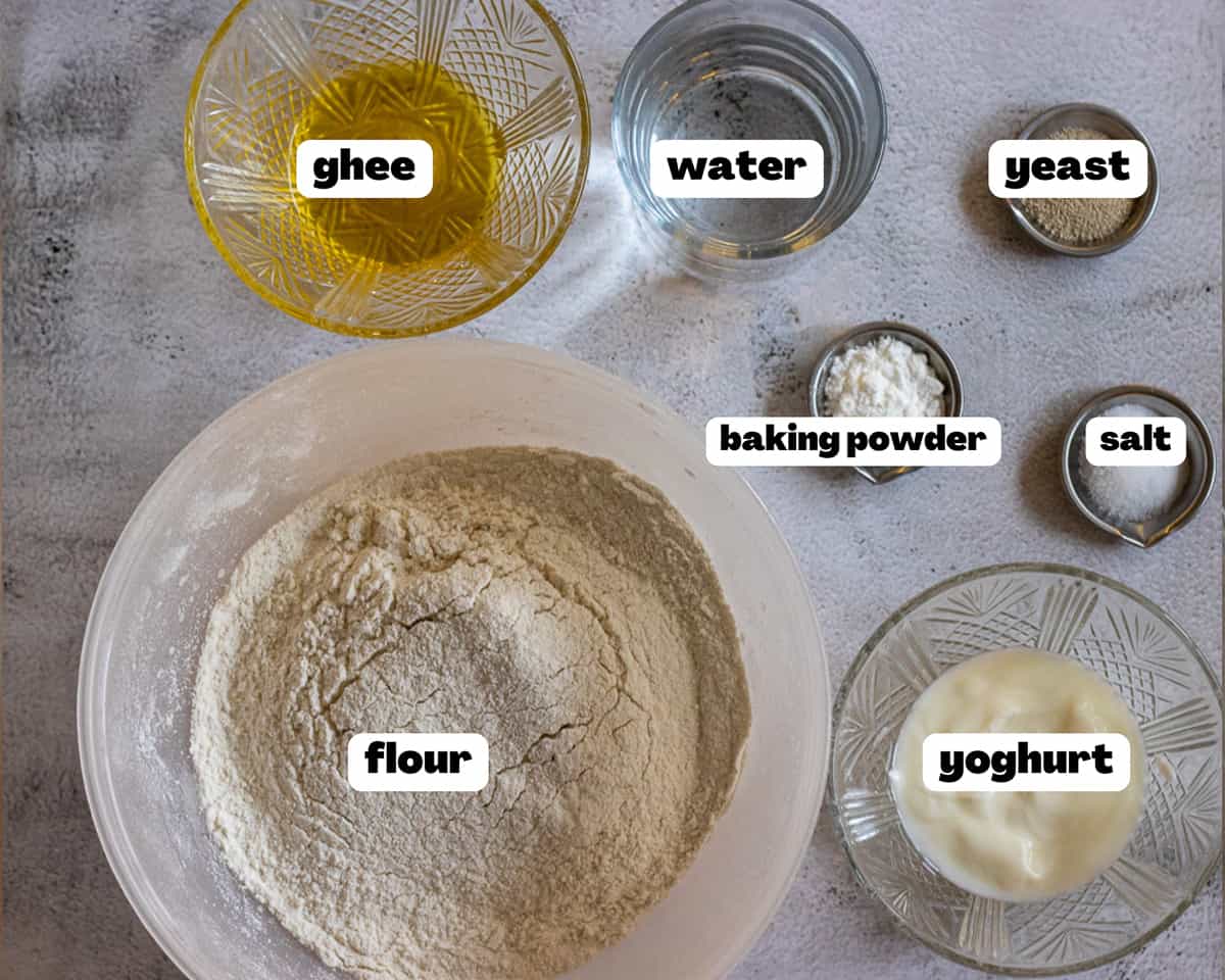 labeled picture of ingredients for Pakistani roghni naan