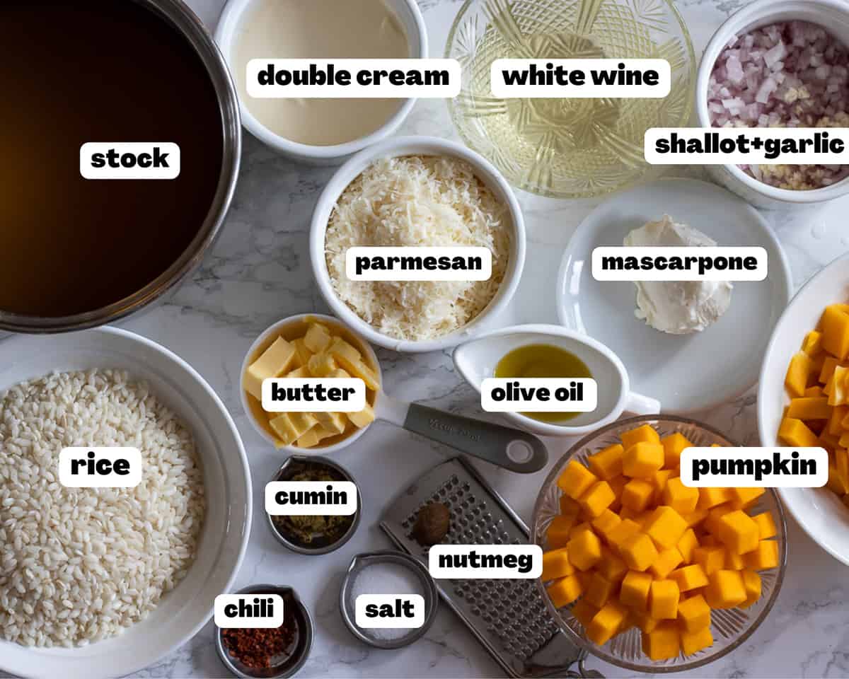 Labelled picture of ingredients for pumpkin risotto with parmesan