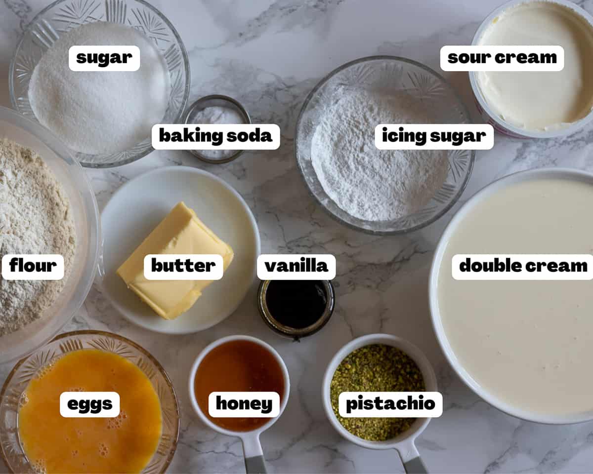 Labelled picture of ingredients for medovik