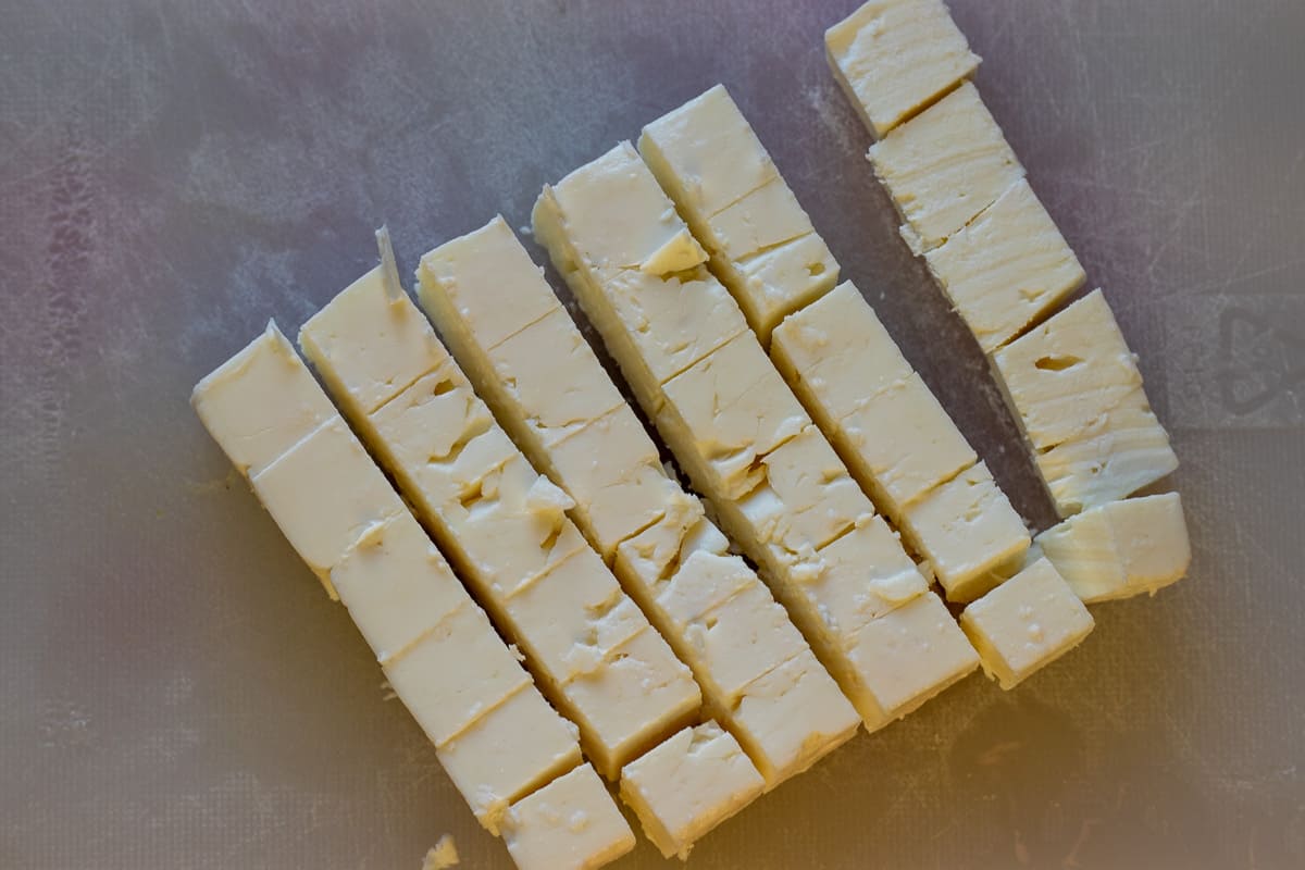 Feta cheese cut into small cubes.