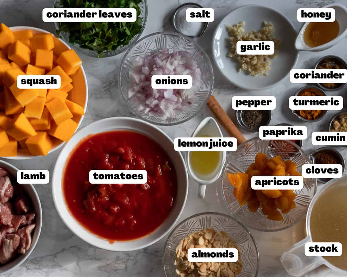 Labelled picture of ingredients for slow cooked lamb tagine