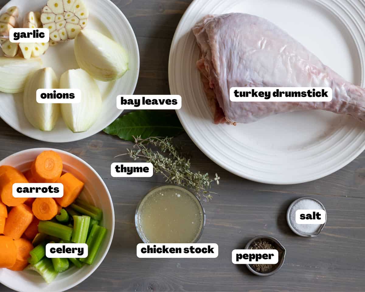 Labelled picture of ingredients for slow roasted turkey leg with gravy