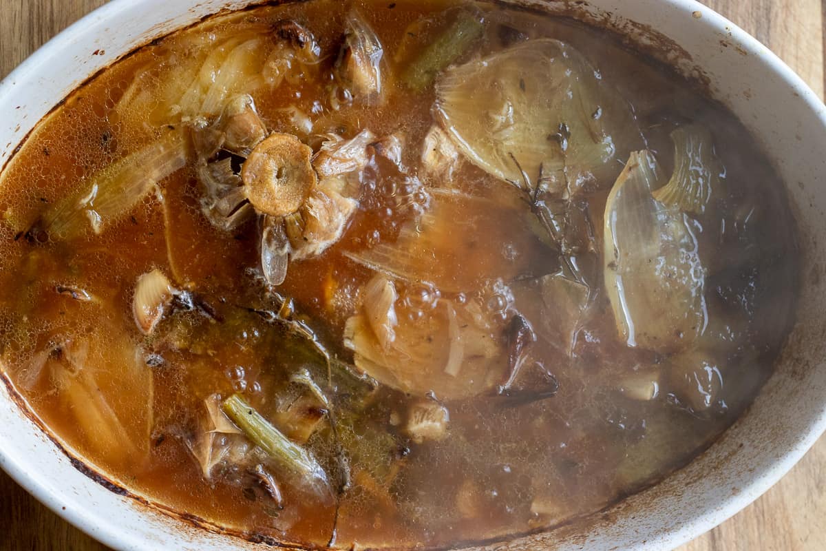baking dish is placed on medium heat for making the gravy