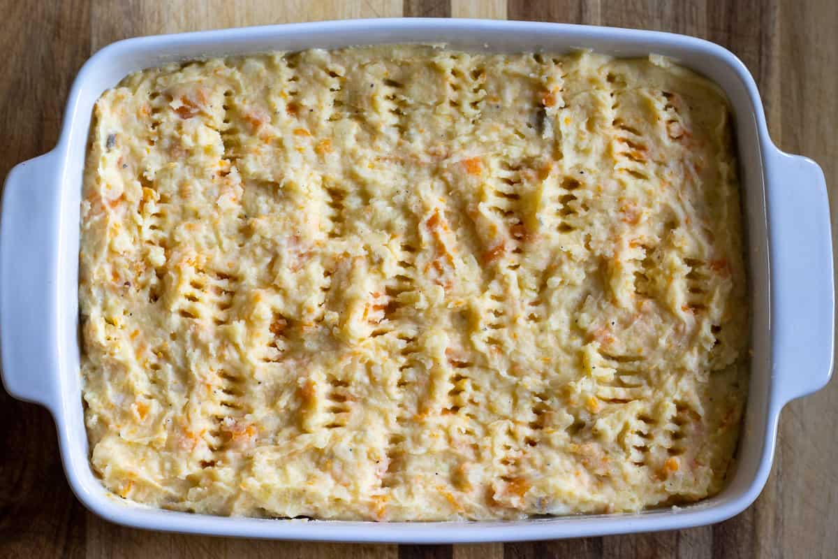 turkey filling is topped with mashed potatoes