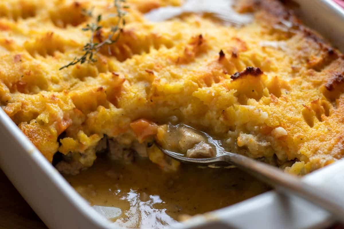 Turkey shepherd's pie baked in an oven dish