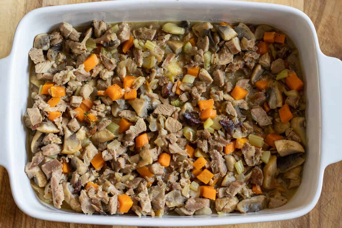 the pie filling is transferred to a pie dish