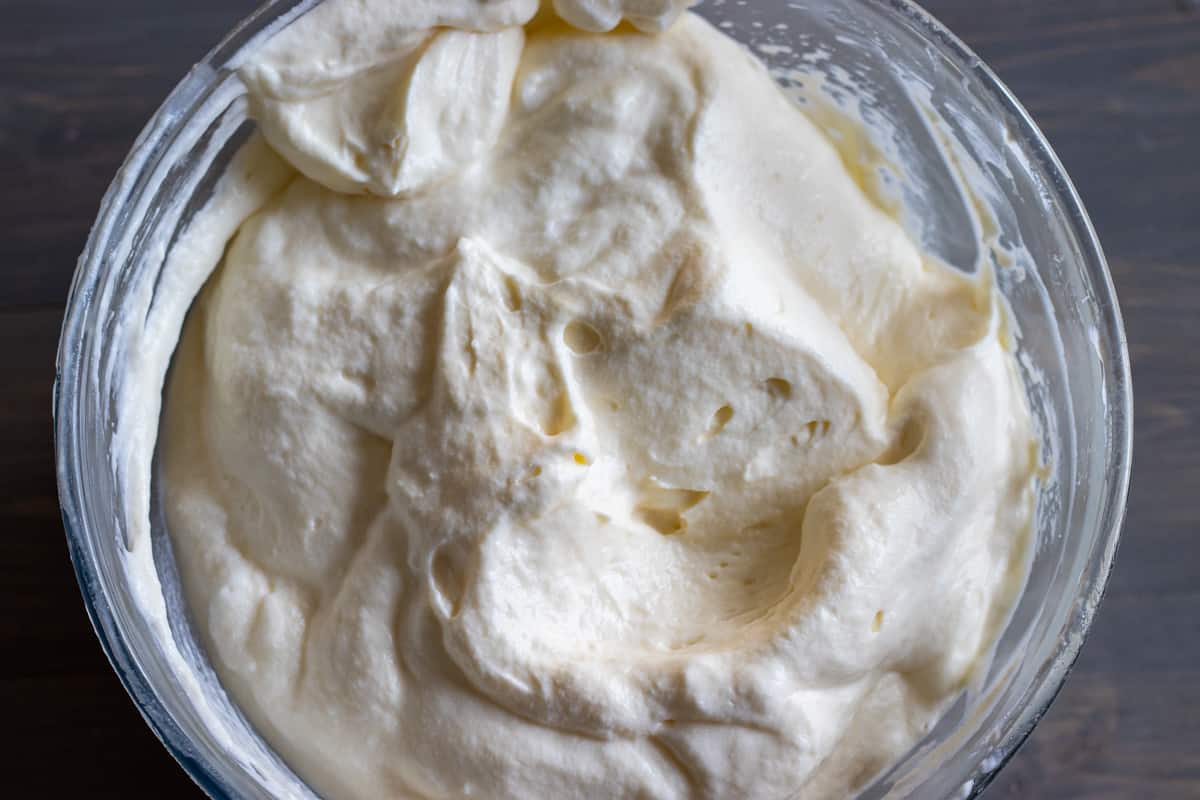 egg whites are gently mixed with mascarpone mixture