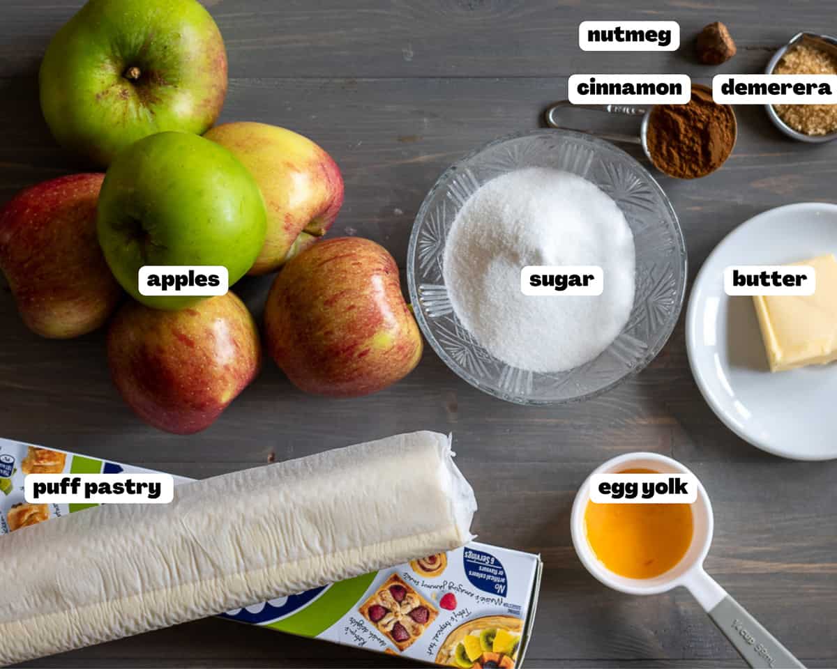 Labelled picture of ingredients for puff pastry apple pie