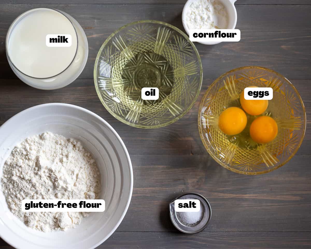 Labelled picture of ingredients for gluten free Yorkshire pudding