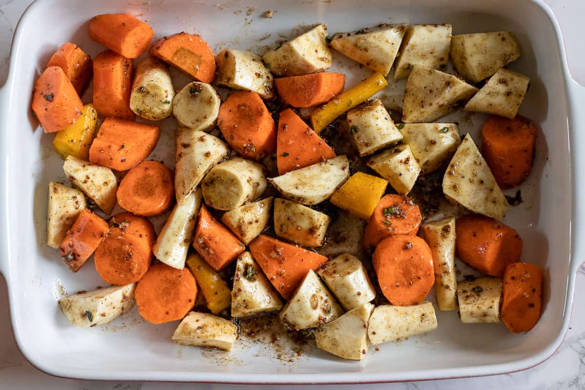vegetables are placed on a baking tray