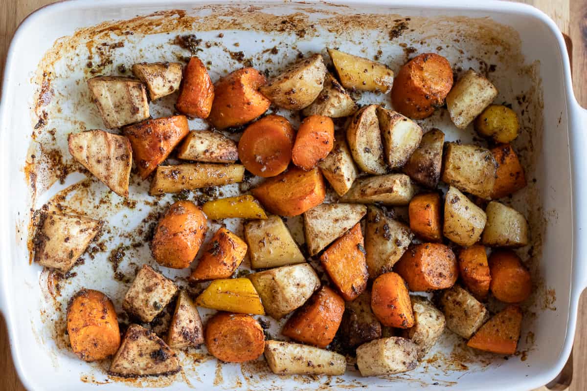 carrots and parsnips are roasted until soft and lightly caramelised