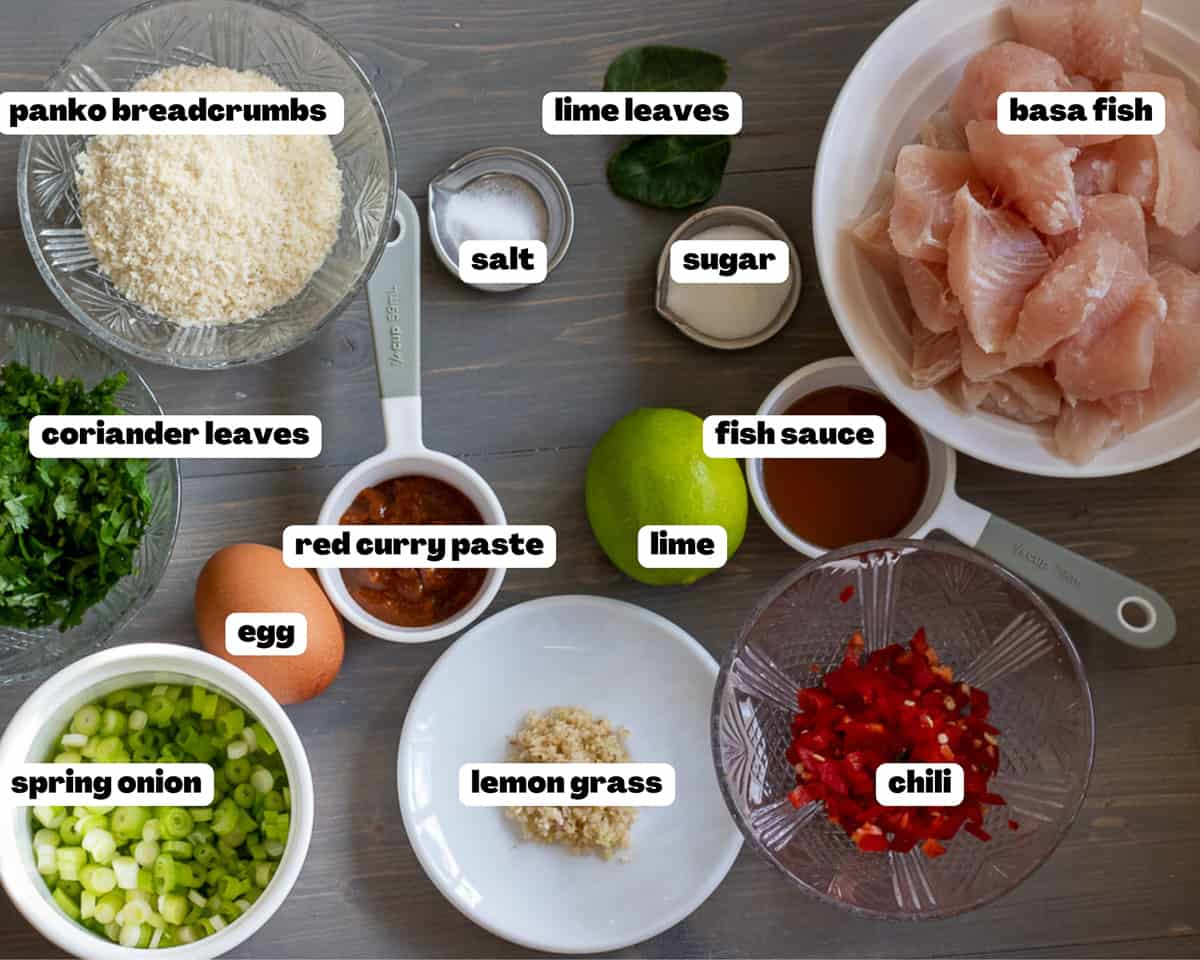 Labelled picture of ingredients for thai fish cakes